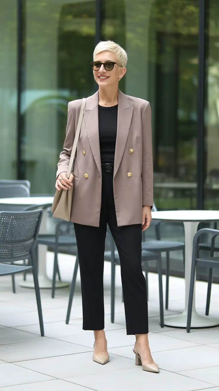 Trendy spring dressing over 50 2026 - Modern Taupe Suiting For A Sharp Office Moment