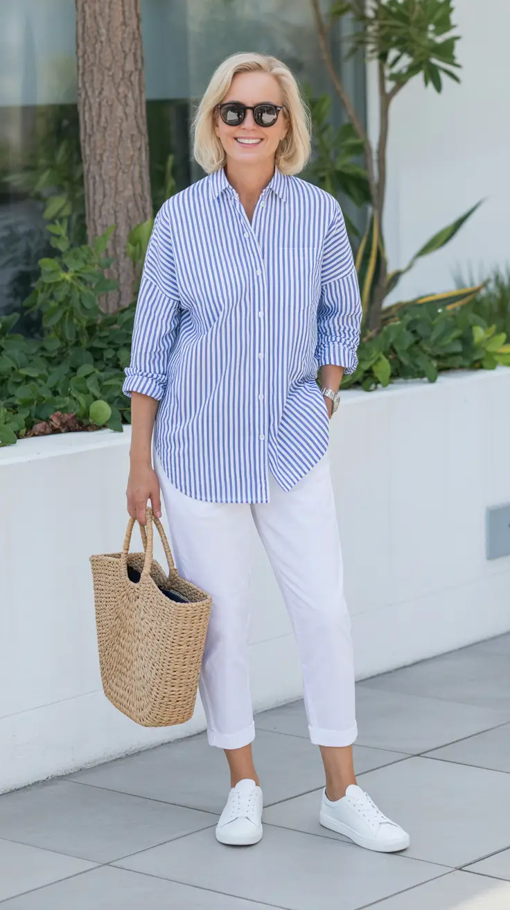 Trendy spring dressing over 50 2026 - Striped Shirt And White Pants For Fresh Weekend Energy