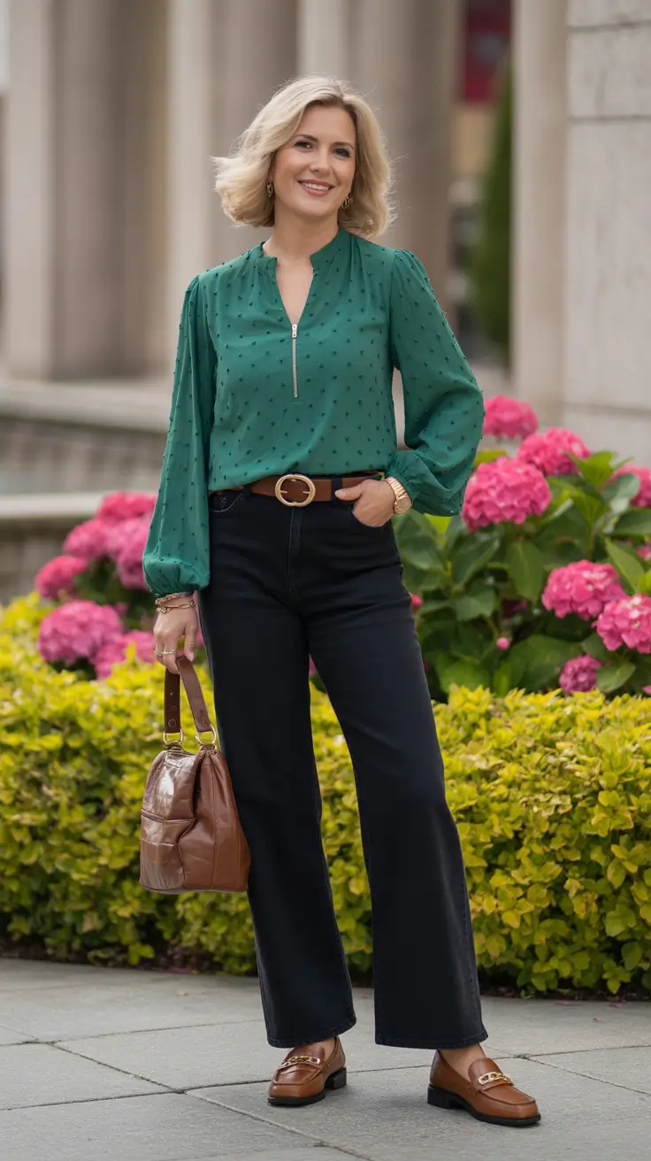 Trendy spring dressing over 50 2026 - Emerald Blouse With Dark Denim And Warm Leather Details