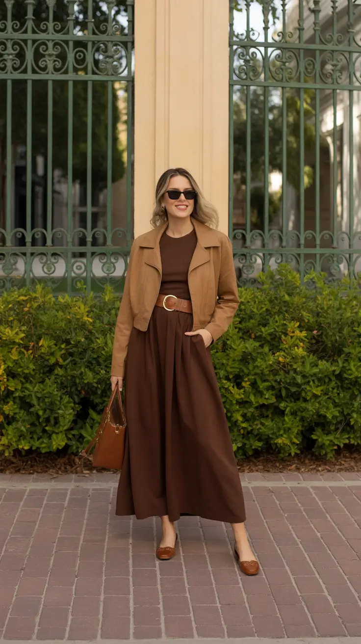 elegant spring fashion outfits 2026 - Chocolate Midi Dress With A Cropped Jacket