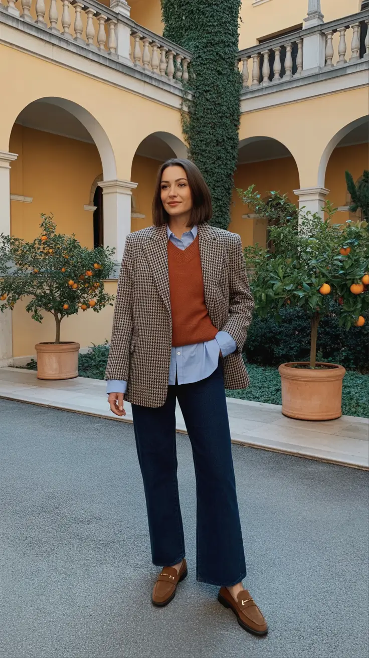 elegant spring fashion outfits 2026 - Checked Blazer With Layered Knit And Dark Denim