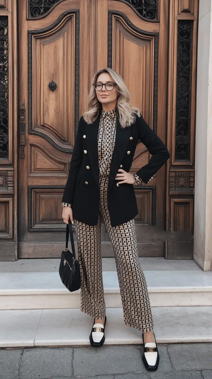 elegant spring fashion outfits 2026 - Patterned Set With A Sharp Black Blazer