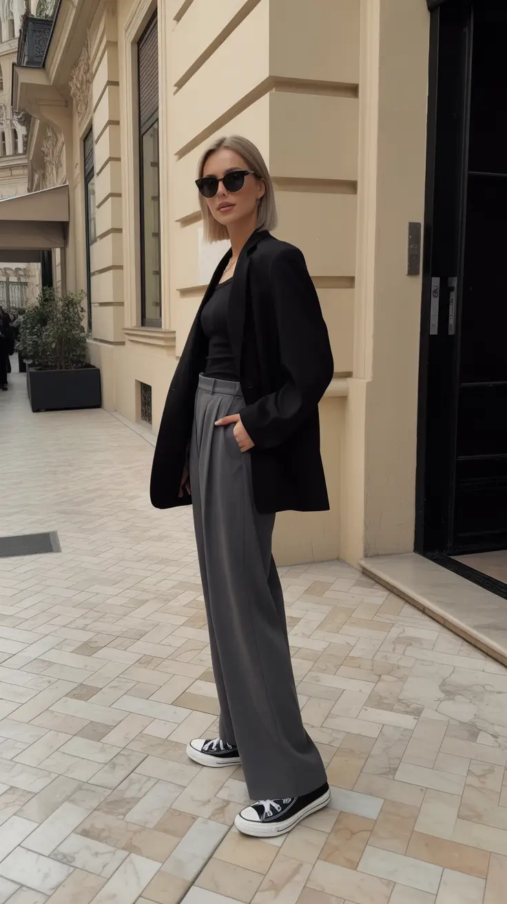 stylish spring fashion trends 2026 Minimal Monochrome With A Black Blazer And Fluid Trousers