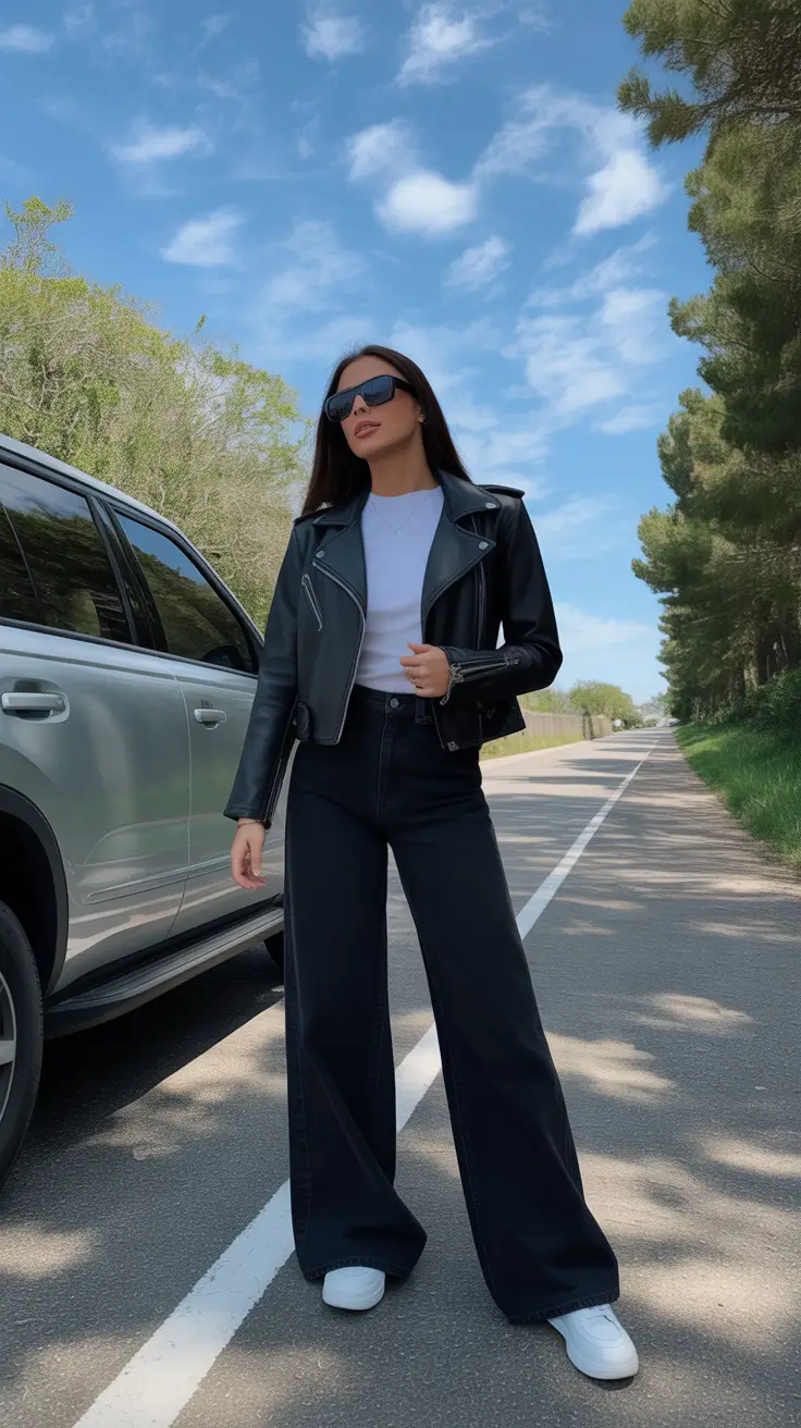 stylish spring fashion trends 2026 Leather Jacket Energy With Wide-Leg Black Jeans