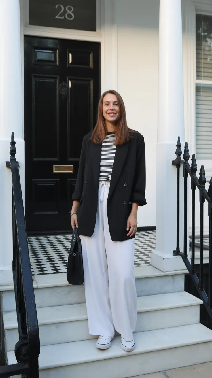 stylish spring fashion trends 2026 Black Blazer And White Wide-Leg Pants Minimal Uniform