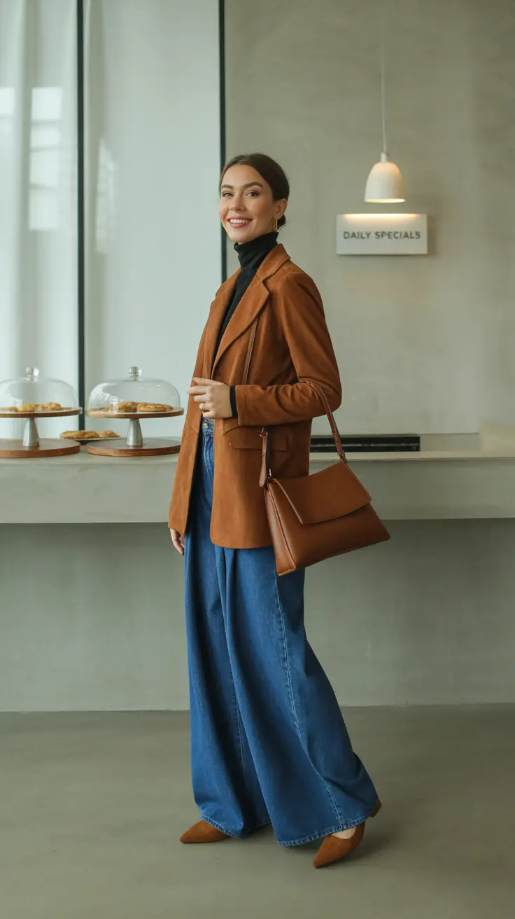 stylish spring fashion trends 2026 Cognac Blazer Over A Turtleneck With Wide Denim
