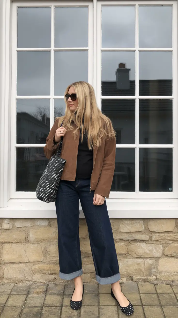 stylish spring fashion trends 2026 Chocolate Suede Jacket And Cuffed Wide-Leg Denim