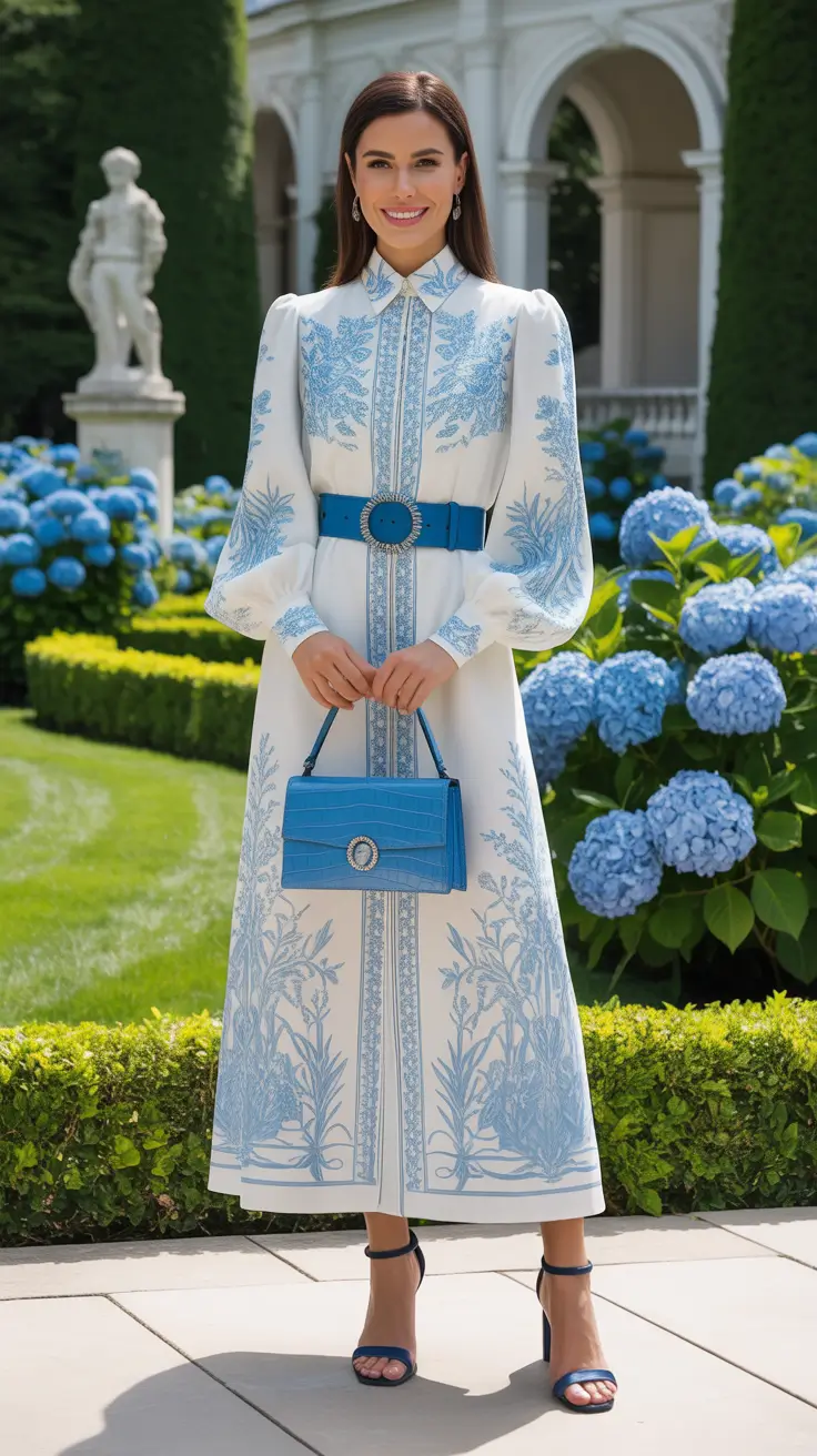 elegant spring formal outfits 2026 Blue And White Embroidered Shirt Dress For Garden Formal Events