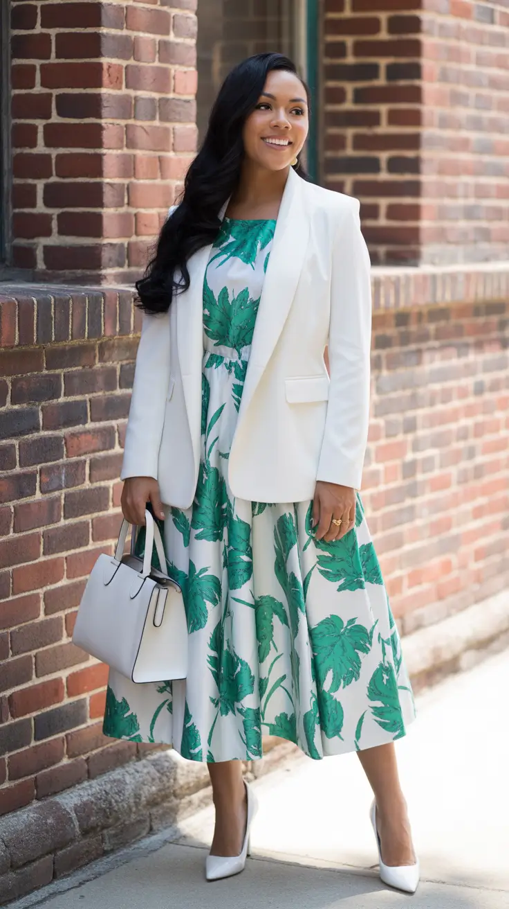 elegant spring formal outfits 2026 White Blazer Over A Leafy Midi For Fresh Spring Formal Energy