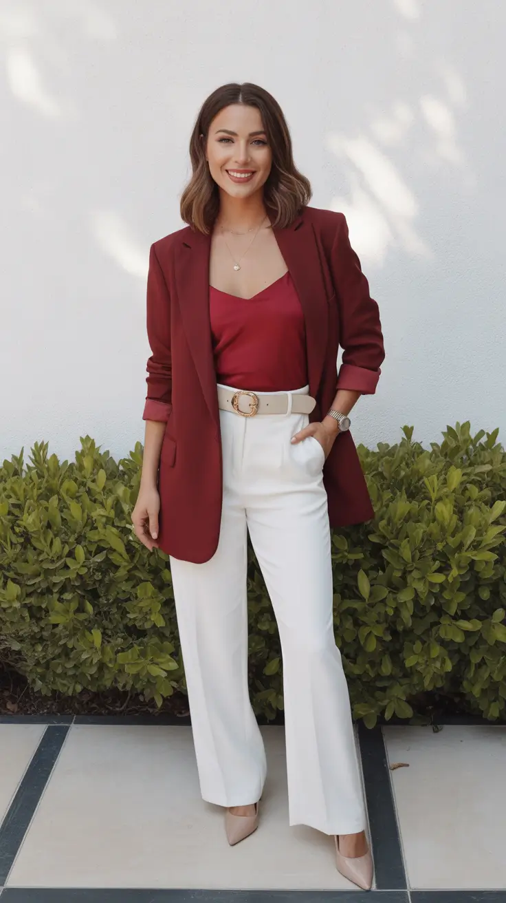 elegant spring formal outfits 2026 Burgundy Blazer With White Trousers For A Modern Formal Moment