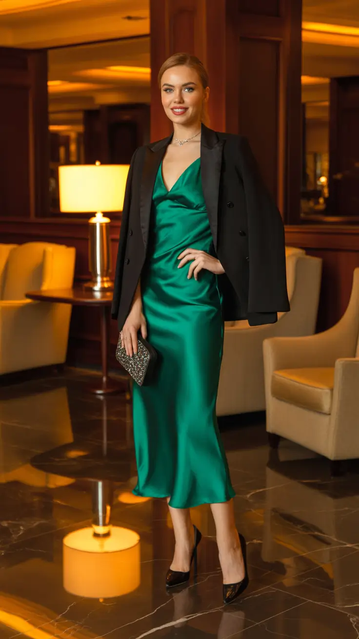 elegant spring formal outfits 2026 Emerald Satin Slip With A Black Cape Blazer For Night Events