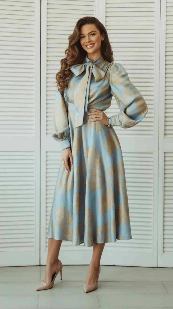 elegant spring formal outfits 2026 Pale Blue Bow Neck Jacquard For Soft Statement Elegance