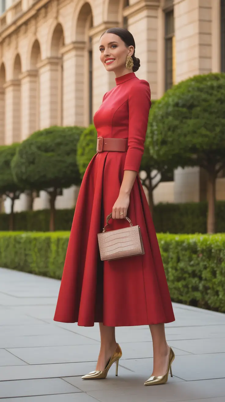 elegant spring formal outfits 2026 Red Belted Fit And Flare Midi With Gold Accents