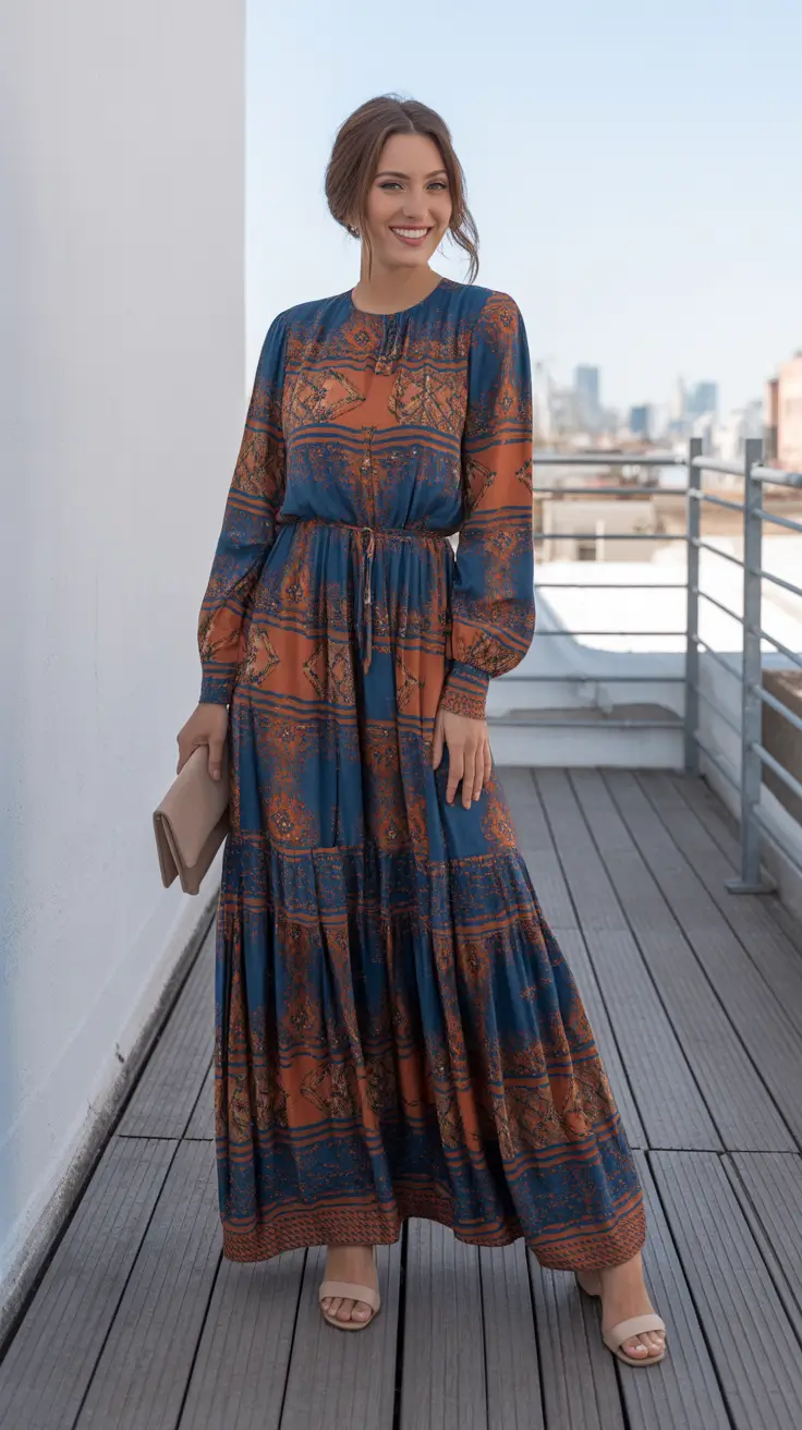 elegant spring formal outfits 2026 Navy And Rust Boho Maxi That Still Feels Formal