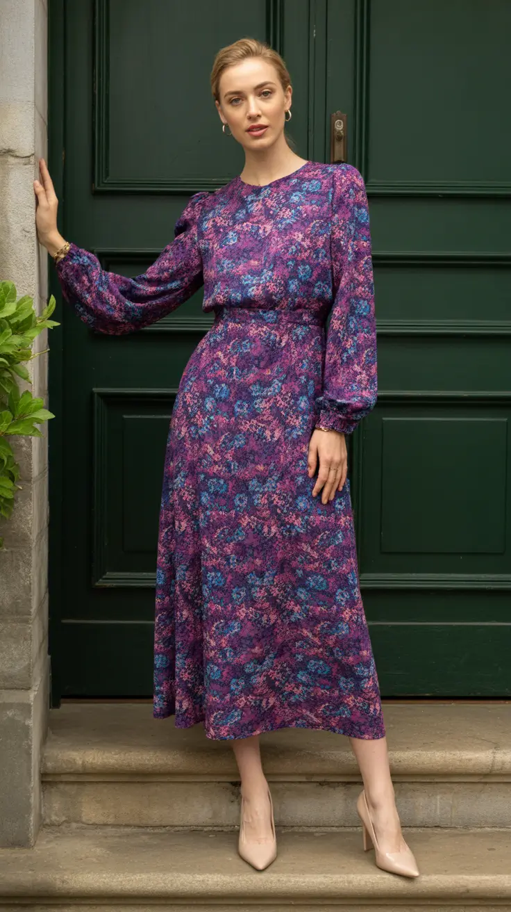 elegant spring formal outfits 2026 Purple Watercolor Midi With Quiet Luxury Energy