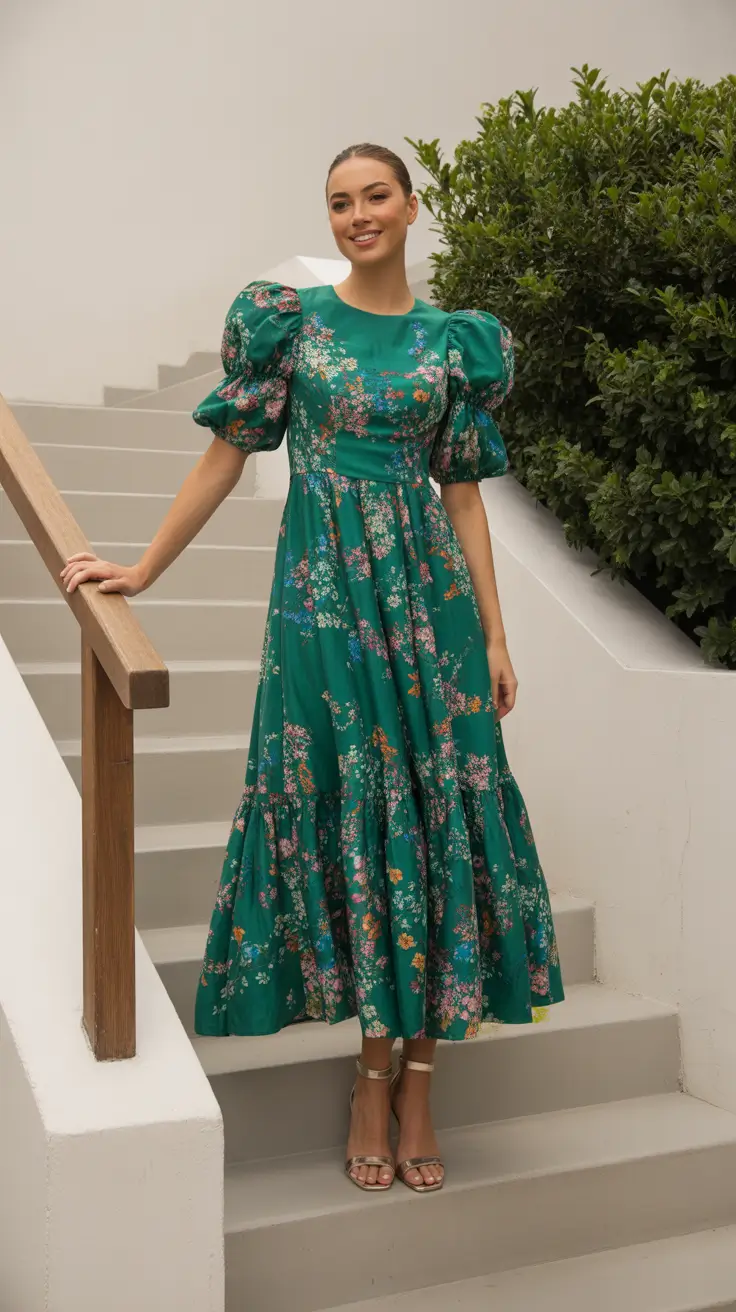 elegant spring formal outfits 2026 Green Puff Sleeve Floral Maxi For Modern Romance