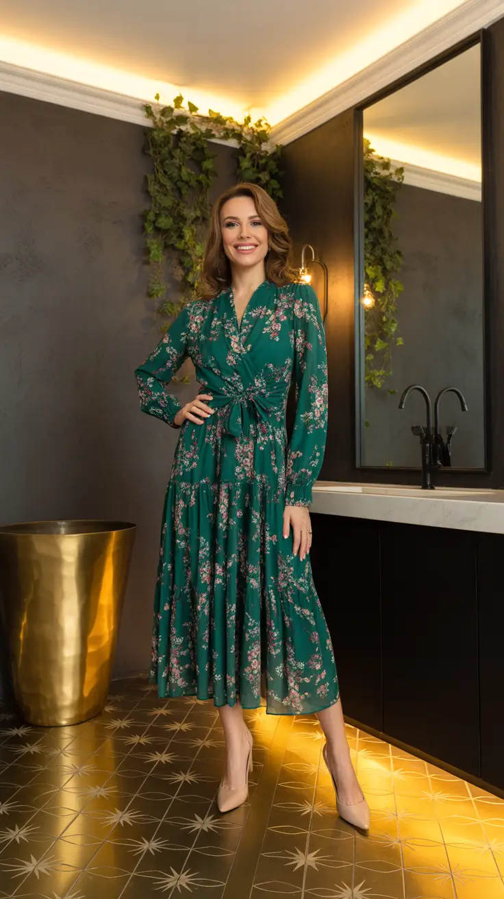 elegant spring formal outfits 2026 Emerald Floral Wrap Maxi With Indoor Event Glam
