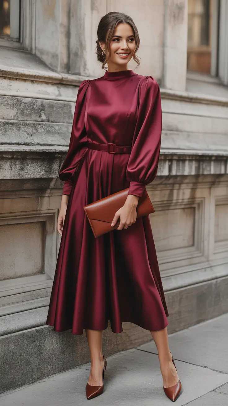 elegant spring formal outfits 2026 Burgundy Satin Midi For After Dark Elegance