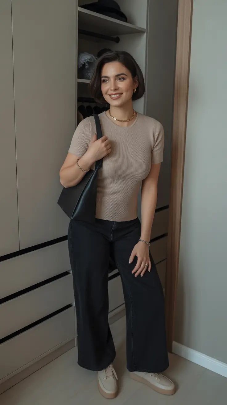 elegant spring jeans outfit 2026 + Neutral Knit And Black Wide-Leg Jeans Minimalism