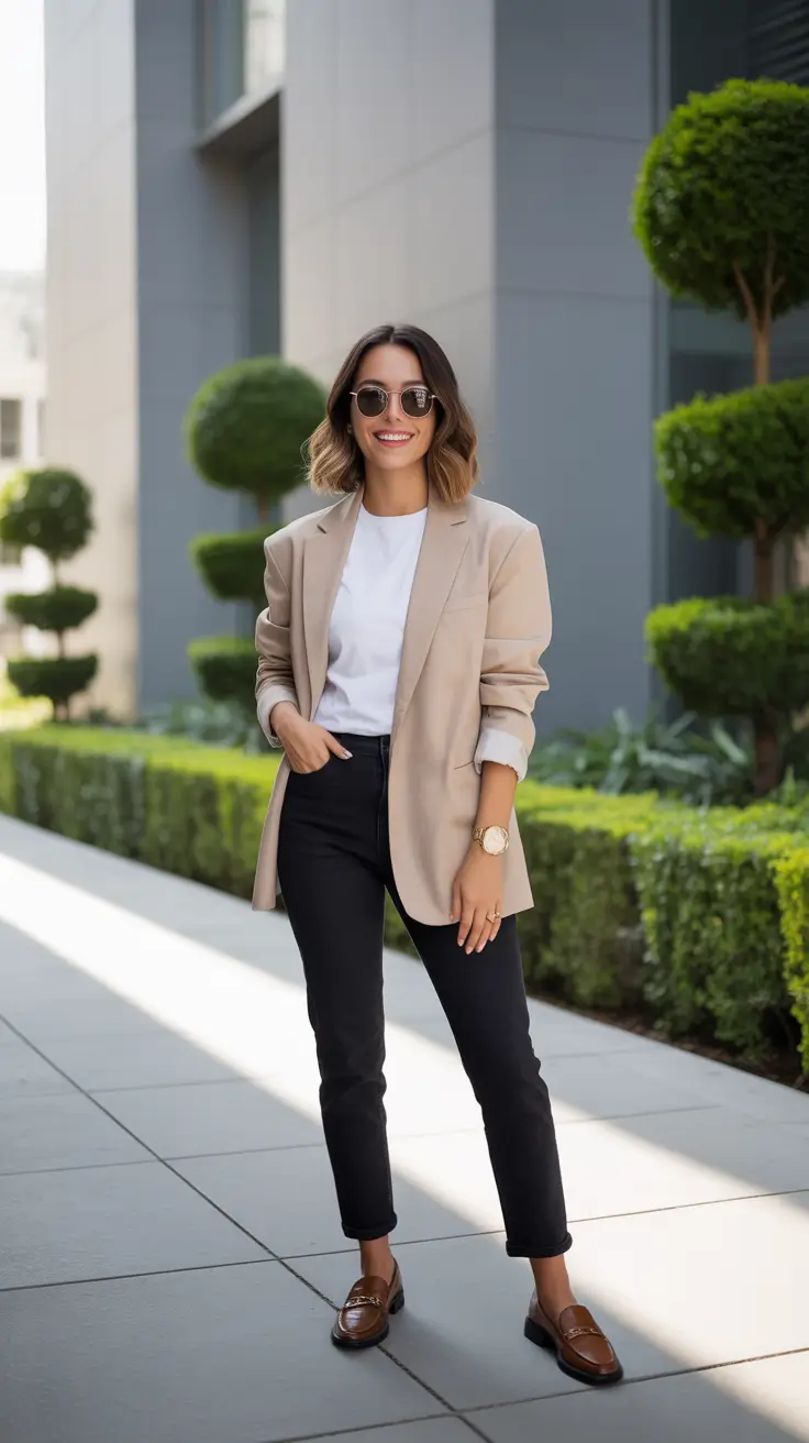 elegant spring jeans outfit 2026 + Beige Blazer And Black Jeans For Workday Ease