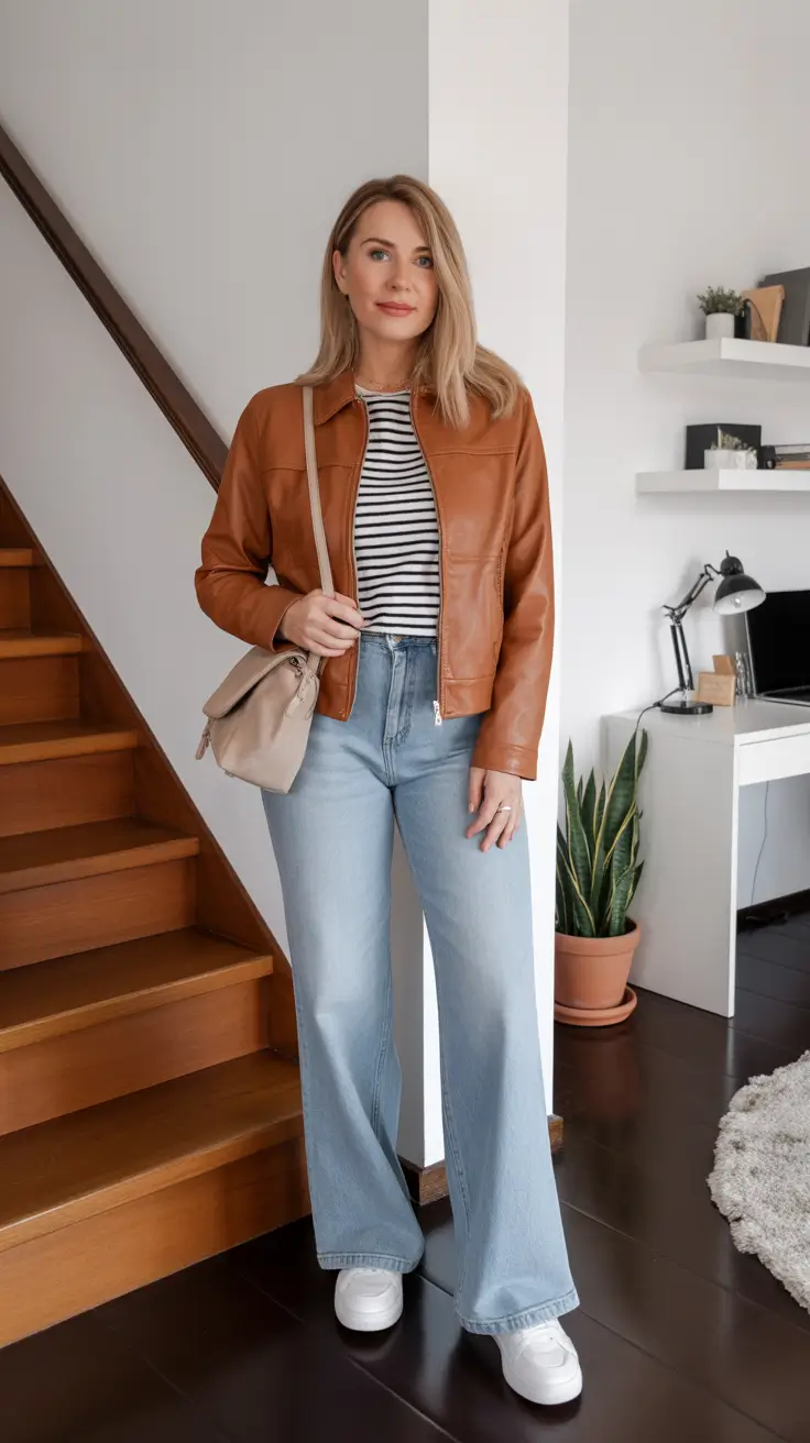 elegant spring jeans outfit 2026 Leather Jacket And Wide-Leg Denim For A Modern Weekend