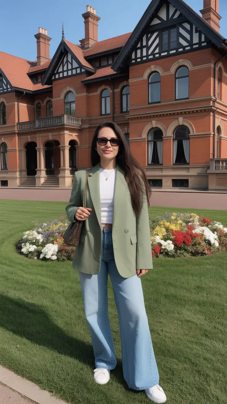 elegant spring jeans outfit 2026 + Sage Blazer And Light Denim For Soft Power Spring Days