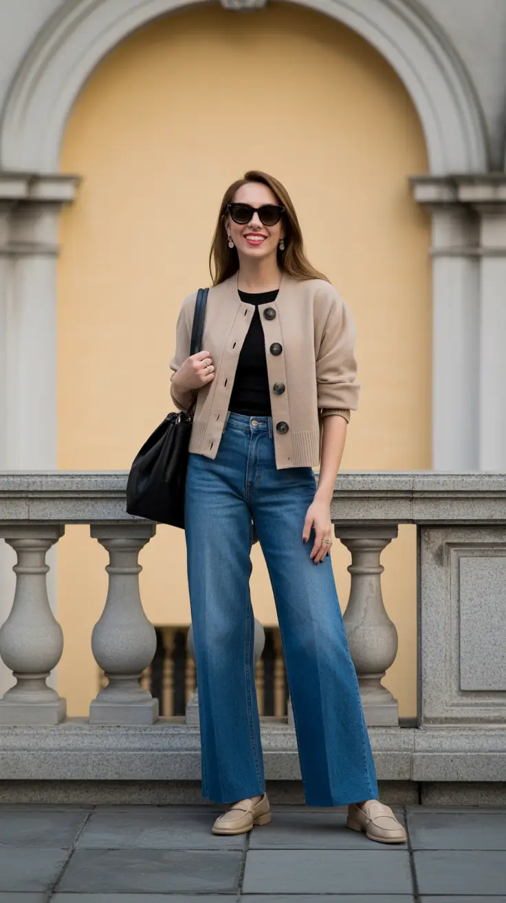 elegant spring jeans outfit 2026 Button Cardigan And Straight Denim For Instant Polish