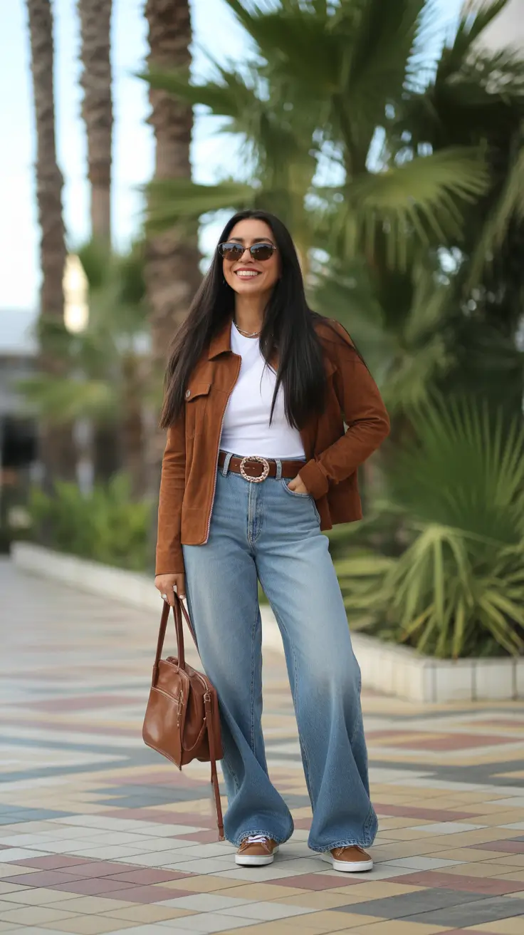elegant spring jeans outfit 2026 + Suede Jacket And Flared Jeans For A Warm-Toned Baddie Moment
