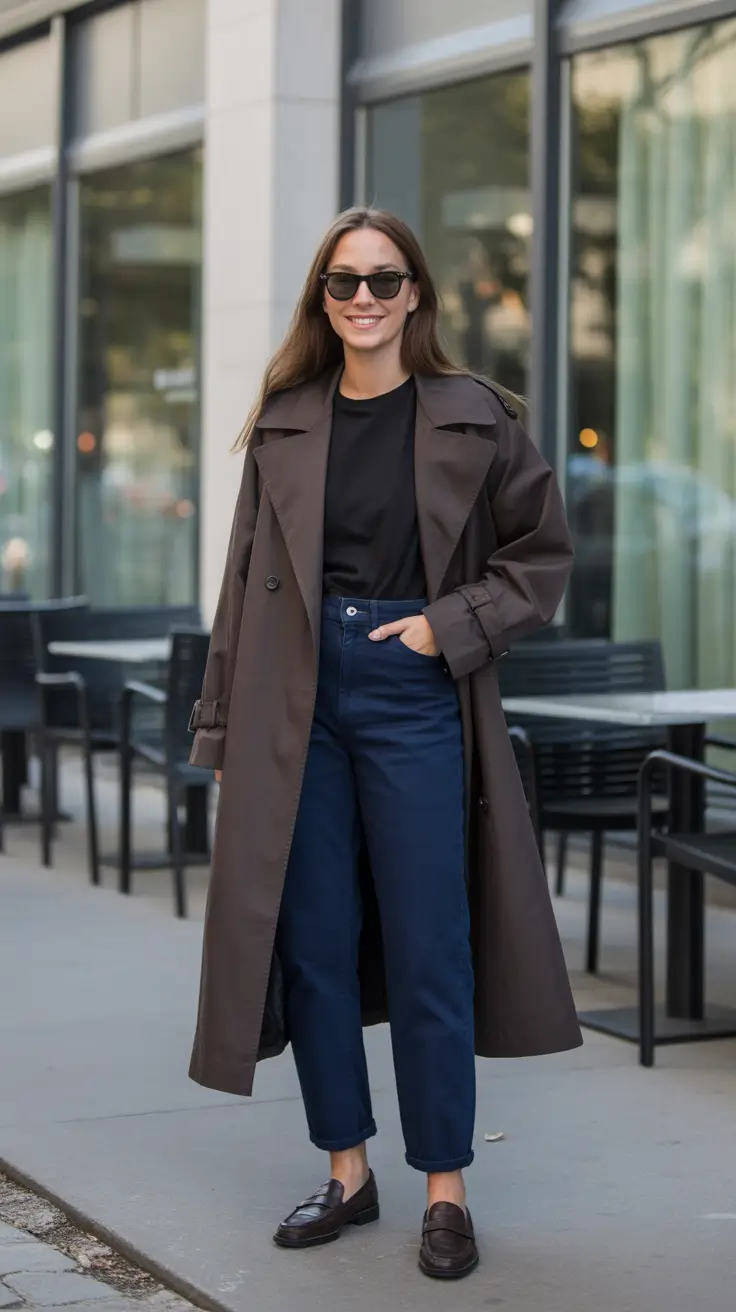 elegant spring jeans outfit 2026 Chocolate Trench And Dark Denim For Cooler Spring Days