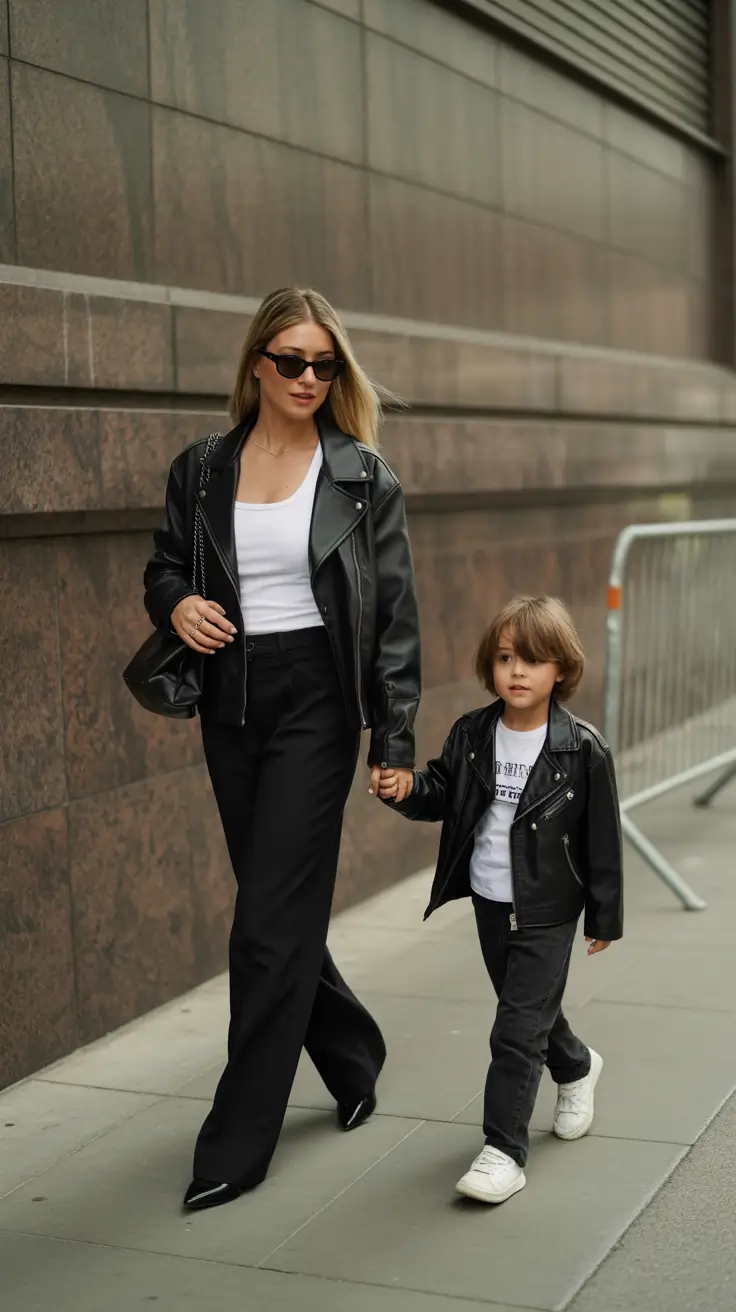 chic spring mom outfits 2026 - Leather Jacket And Wide Leg Trousers For A Clean City Chic