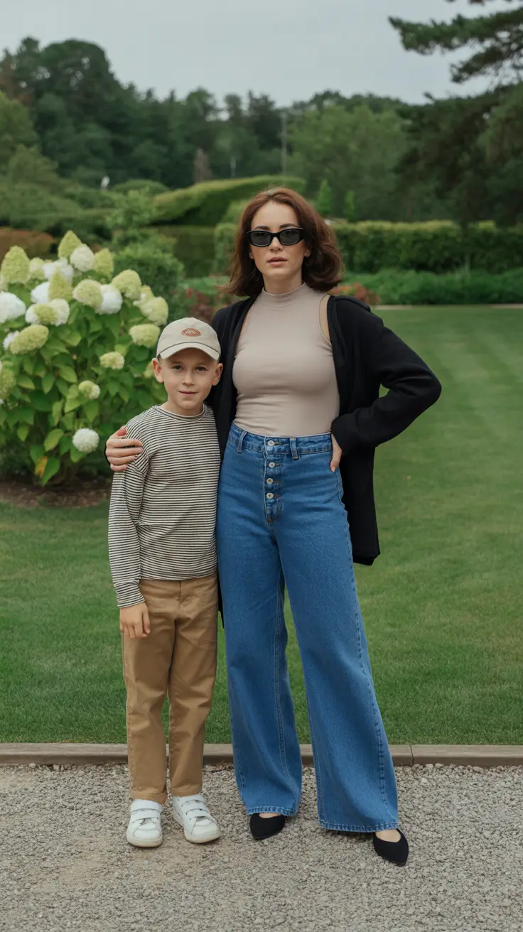 chic spring mom outfits 2026 - Mock Neck And Cardigan With Wide Leg Jeans For A Park Day