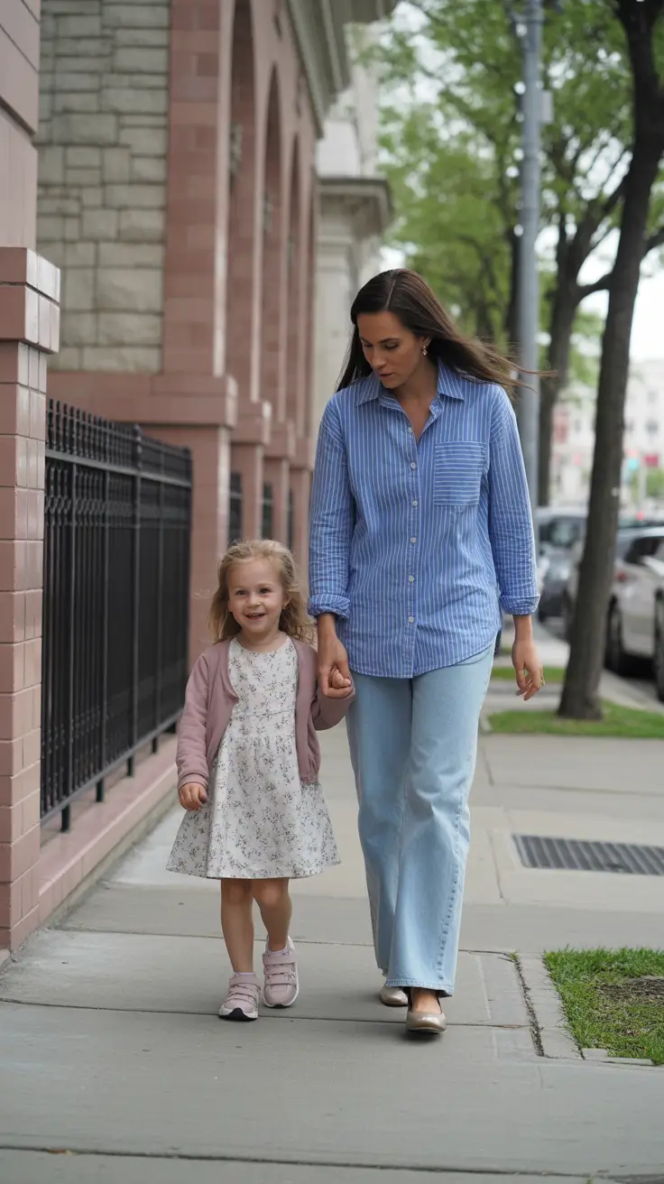 chic spring mom outfits 2026 - Blue Button Down And Light Denim For Easy Workday Energy
