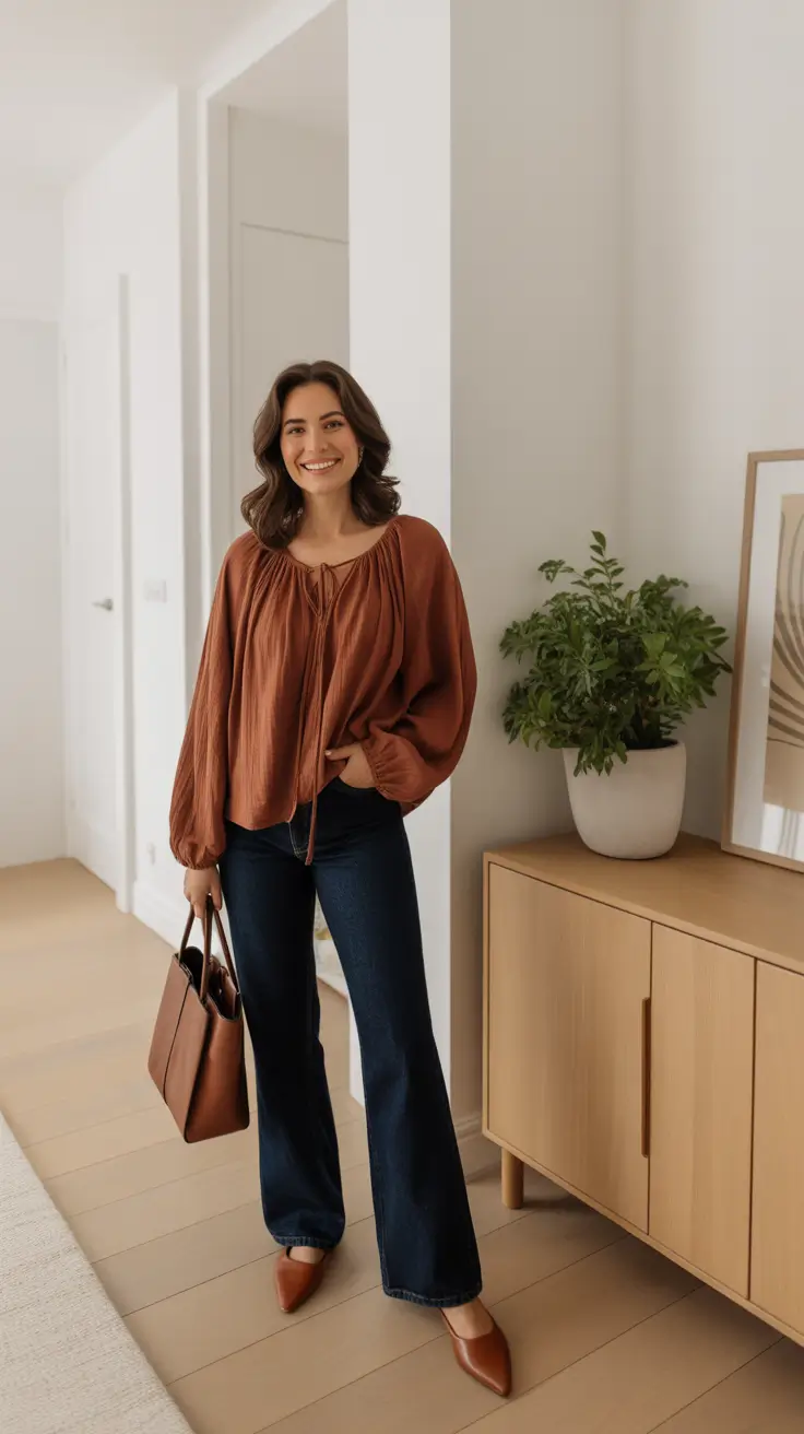 chic spring mom outfits 2026 - Rust Blouse And Dark Flare Jeans For A Soft Dressy Moment