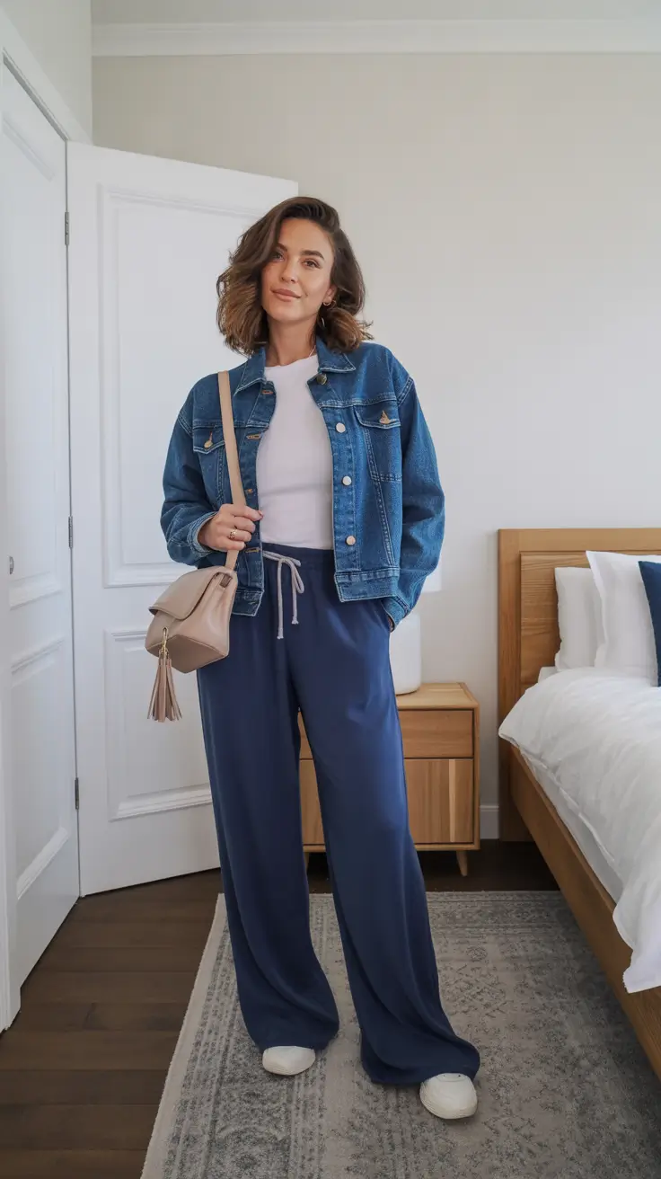 chic spring mom outfits 2026 - Denim Jacket And Drawstring Pants For Comfy Spring Days