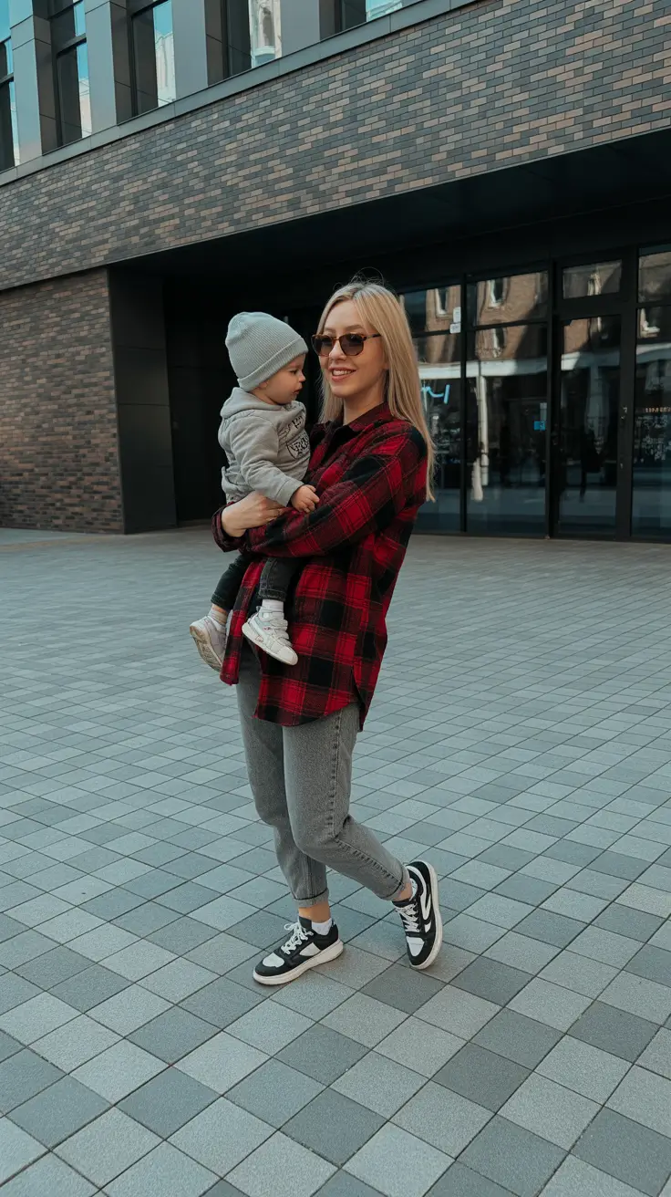 chic spring mom outfits 2026 - Plaid Shirt Jacket And Sneakers For Everyday Errands