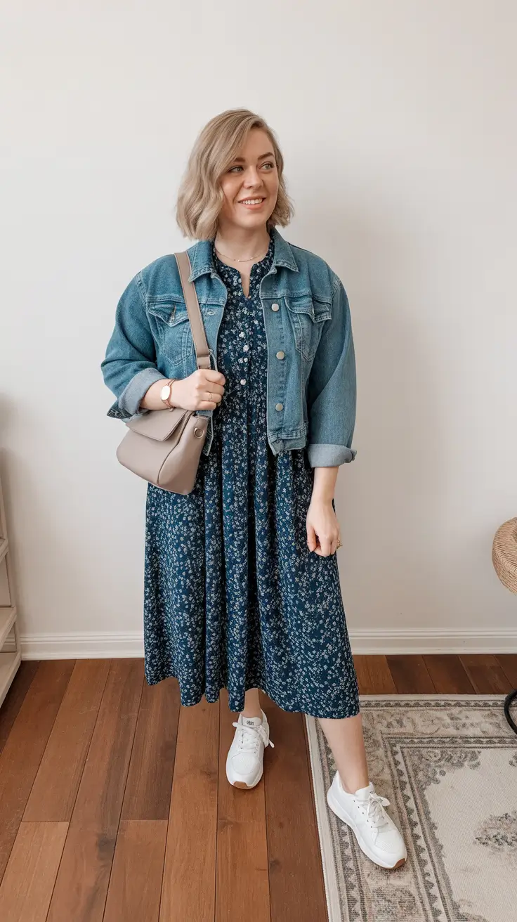 chic spring mom outfits 2026 - Denim Jacket And Floral Midi For Easy Elevation