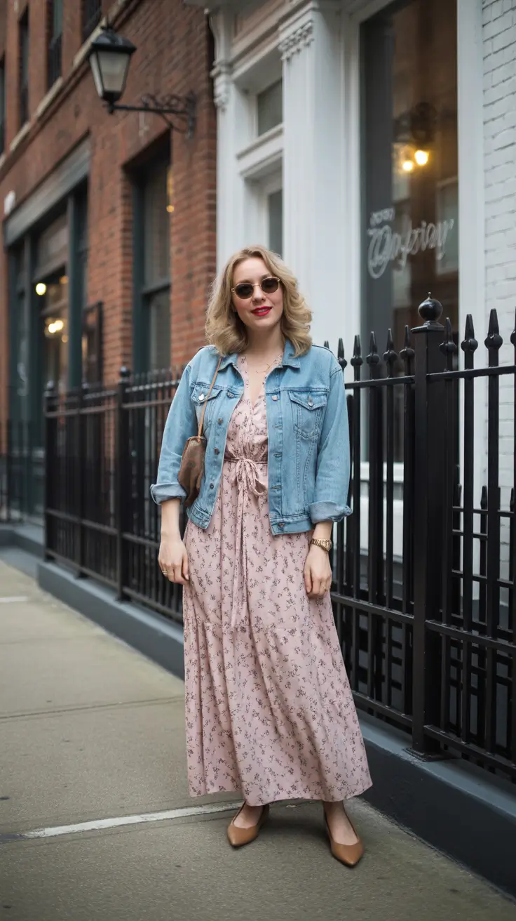 chic spring mom outfits 2026 - Wrap Maxi Dress With Denim Jacket City Chic