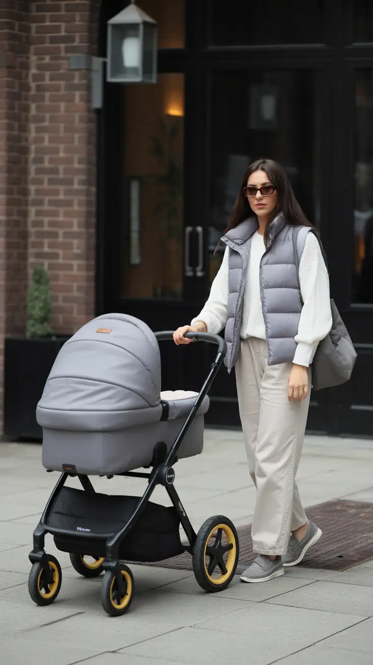 chic spring mom outfits 2026 - Puffer Vest Layering For Stroller Walks And Coffee Stops