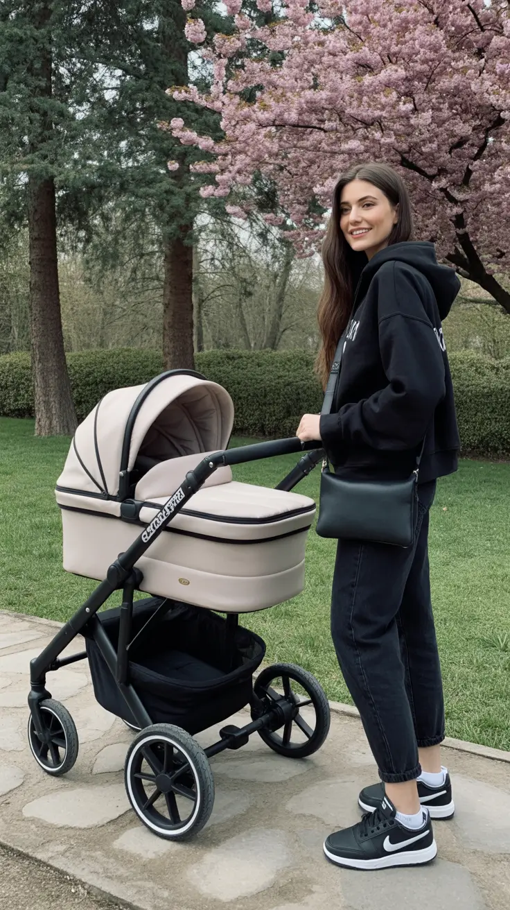 chic spring mom outfits 2026 - Sporty Black Hoodie And Dark Denim Ease