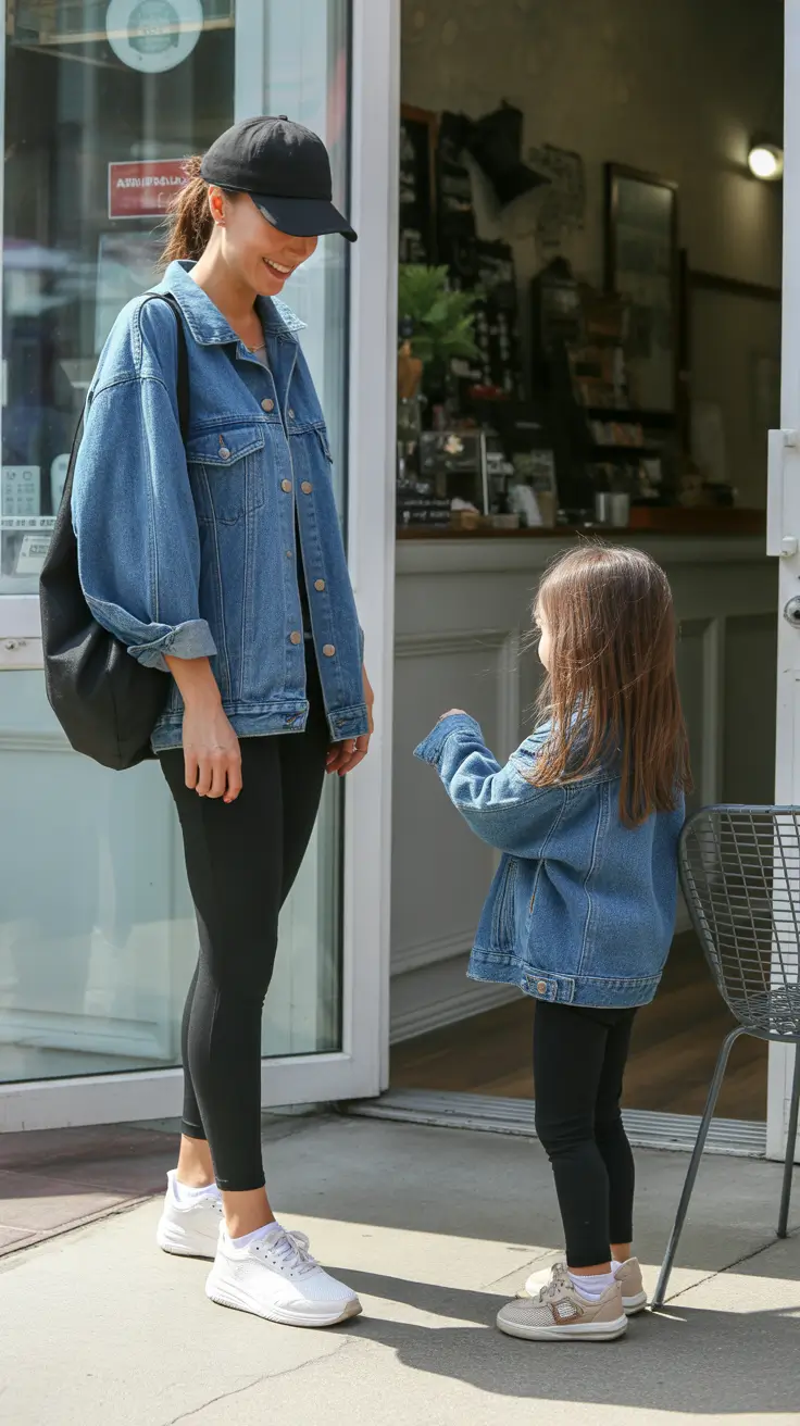 chic spring mom outfits 2026 - Denim Jacket And Leggings For Coffee Run Cool