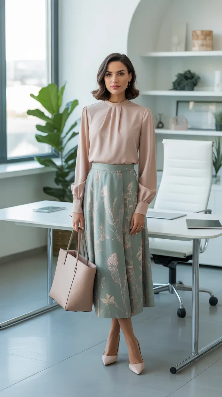 Trendy spring office outfits 2026 - Blush Satin And Sage Skirt Soft Power