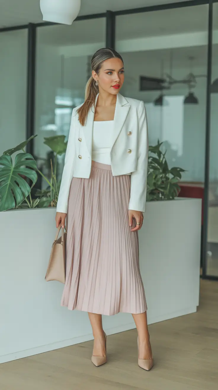 Trendy spring office outfits 2026 - Cropped White Blazer With Blush Pleated Midi Skirt
