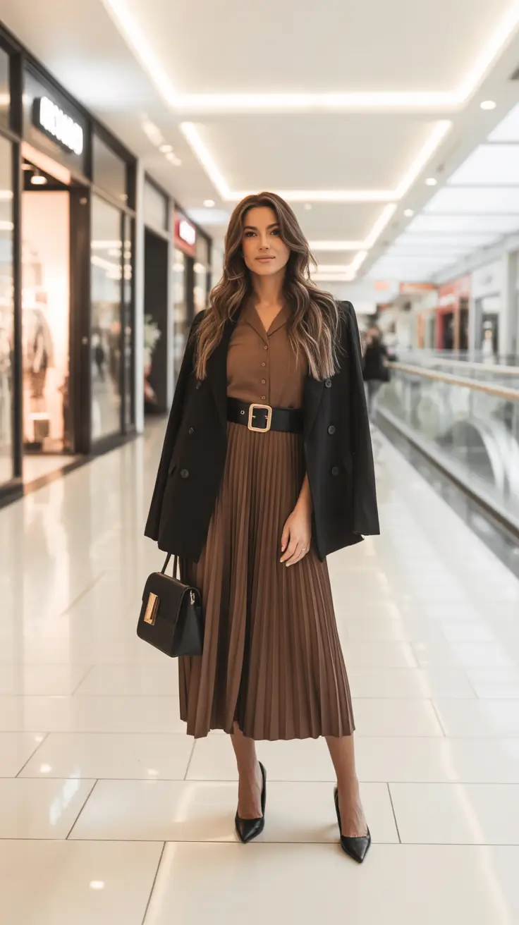 Trendy spring office outfits 2026 - Chocolate Shirt Dress Styling With Cape Blazer