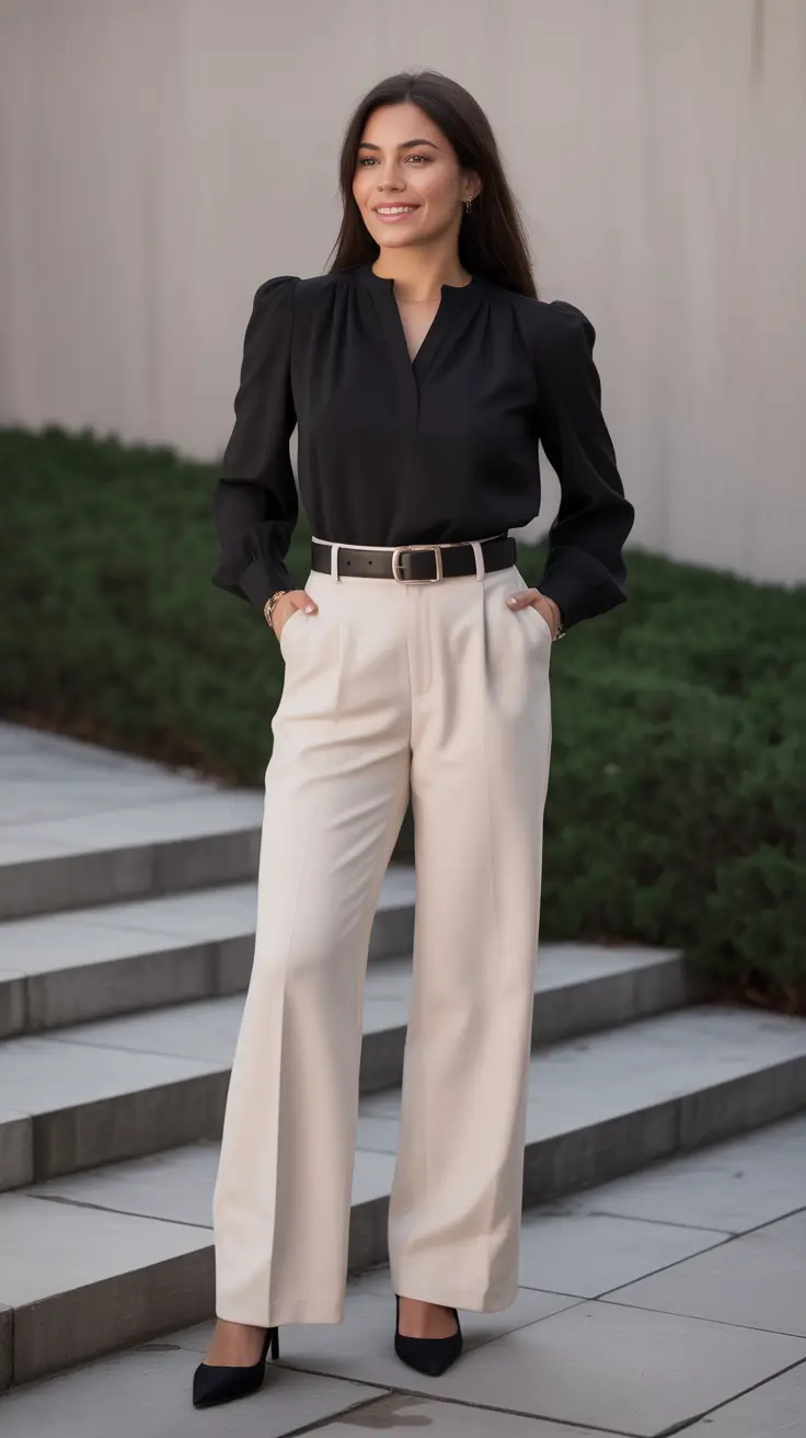 Trendy spring office outfits 2026 - Black Blouse And Cream Trousers Balance