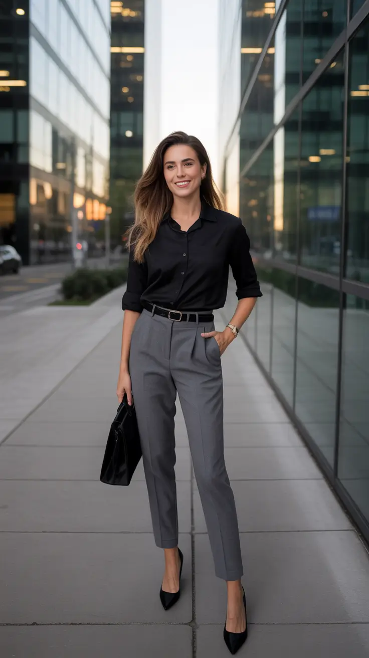 Trendy spring office outfits 2026 - Black Button-Down With Tailored Gray Ankle Pants