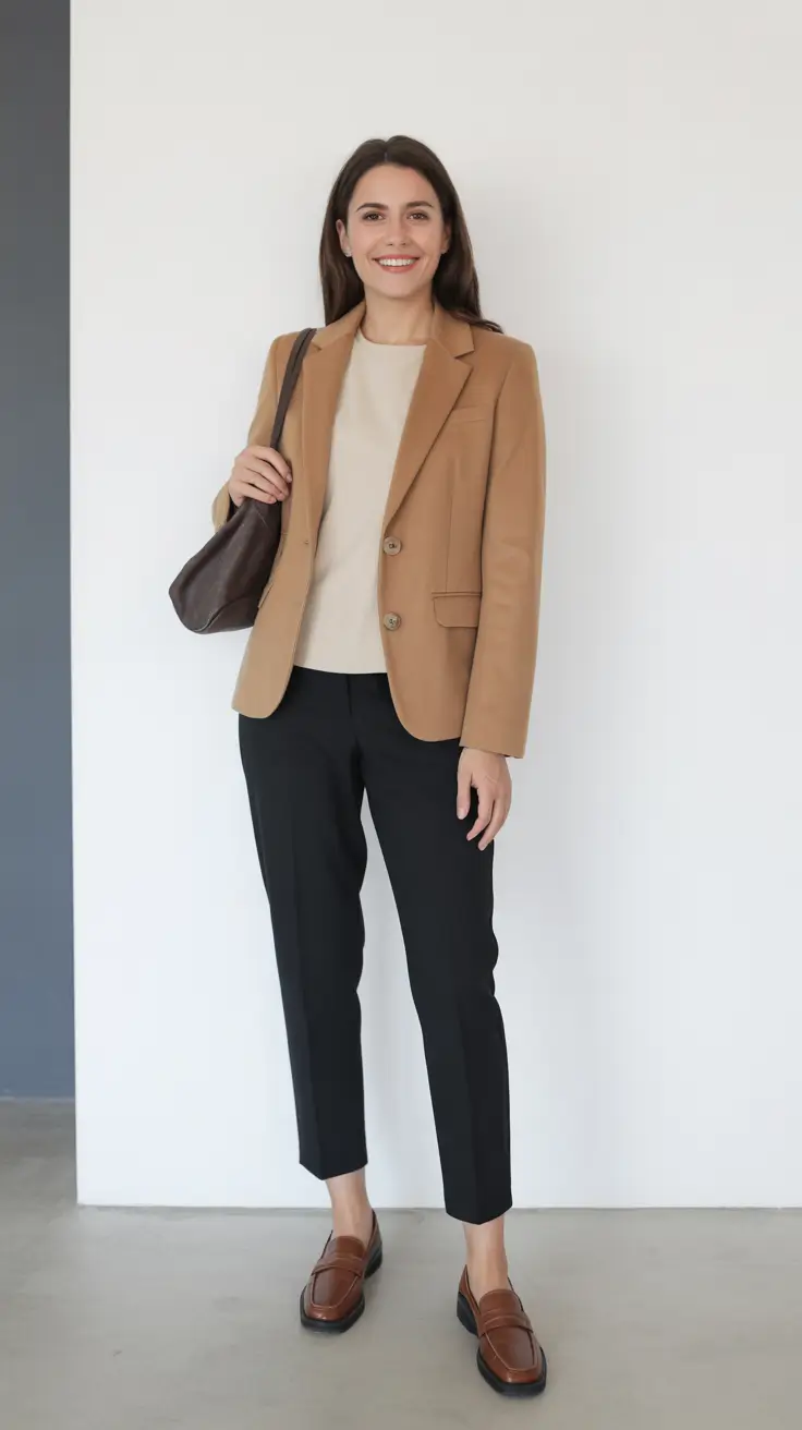 Trendy spring office outfits 2026 - Camel Blazer With Easy Weekday Polish