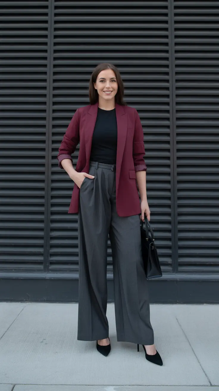 Trendy spring office outfits 2026 - Burgundy Blazer And Wide-Leg Charcoal Trousers
