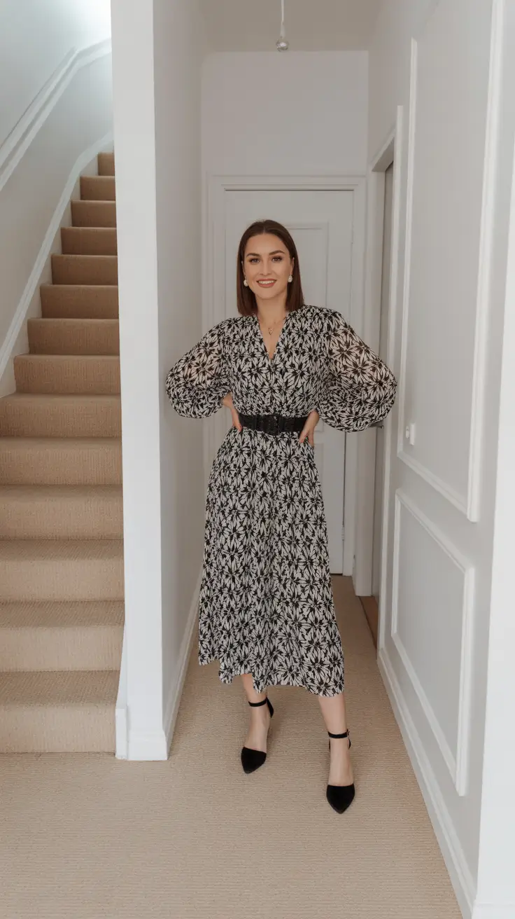 stylish spring outfit for friday 2026 Black-And-White Midi Dress With A Cinched Waist