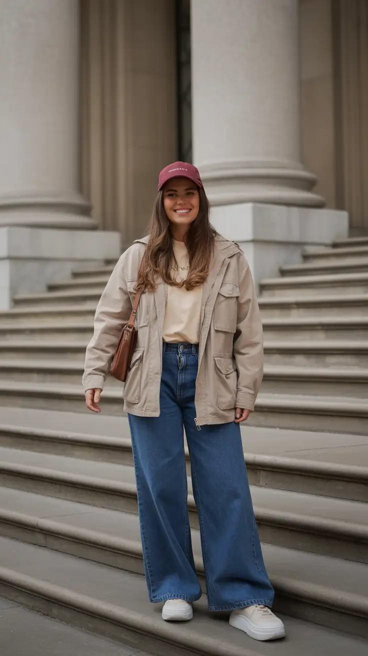 best spring outfit with a cap idea 2026 + Utility Jacket And Burgundy Cap With Wide-Leg Denim