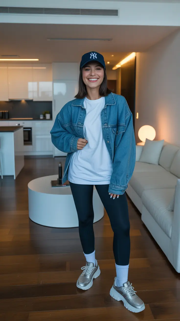 best spring outfit with a cap idea 2026 + Oversized Denim Jacket And Navy Cap With Leggings